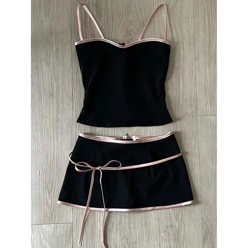 Jupe costume Sexy femmes vêtements 2 pièces ensembles tunique dos nu gilet court pansement nœud moulante Mini jupes tenues Chic ensemble d'été