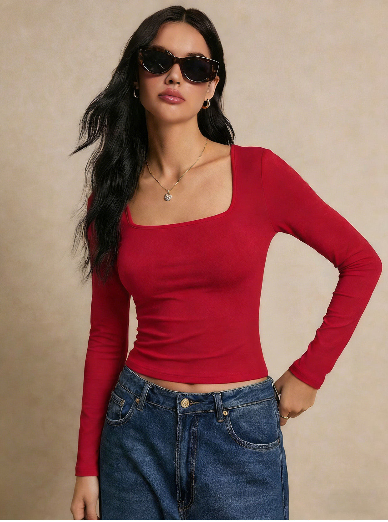 Chemise à manches longues pour femmes, haut décolleté, mode automne, couleur unie, col carré, t-shirt basique, vêtements Y2k