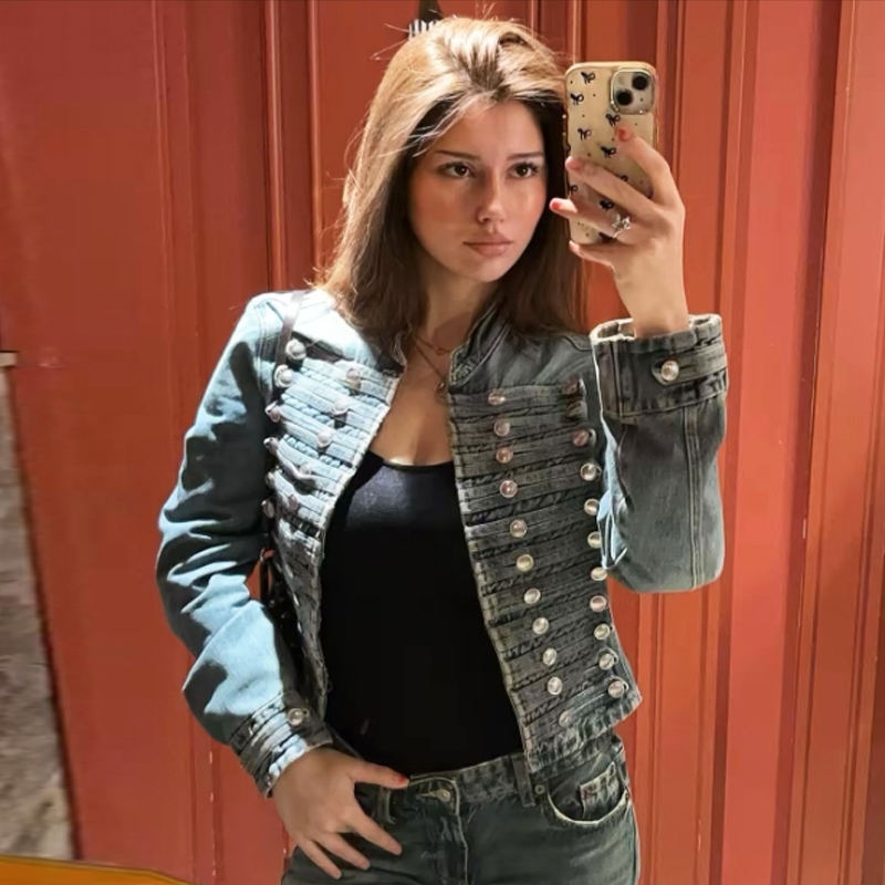 Veste en jean courte pour femme, coupe ajustée, boutonnée, chic, bleue, à manches longues, style streetwear décontracté