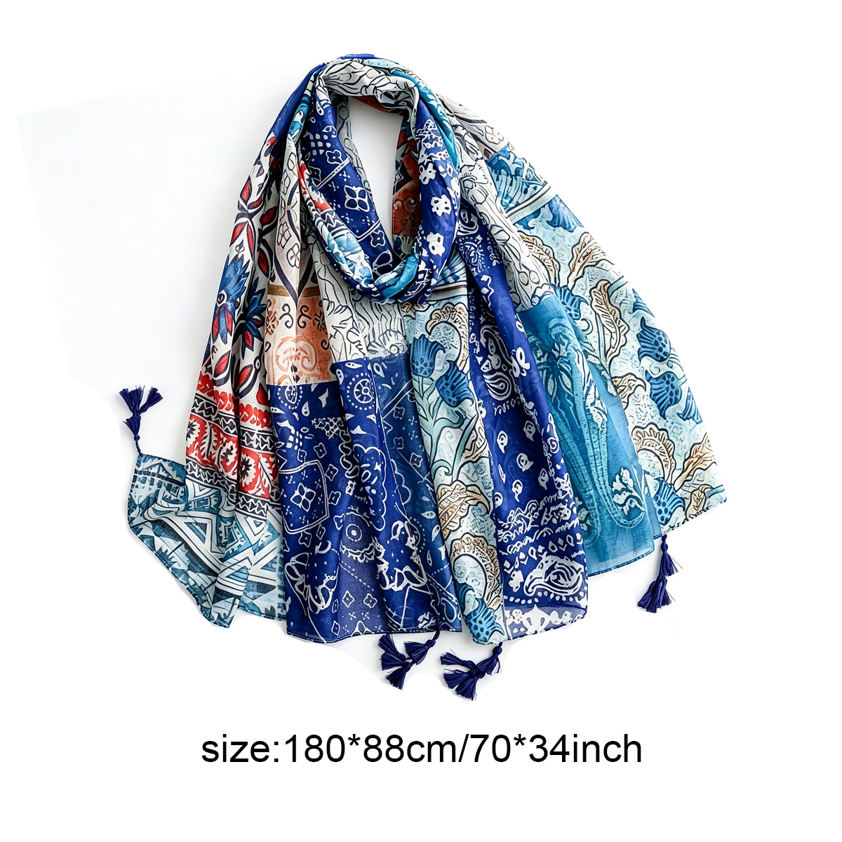 Écharpe vintage ethnique à motifs patchwork pour femmes, avec pompons, imprimé floral géométrique bleu, châle léger et tendance, 88x180cm