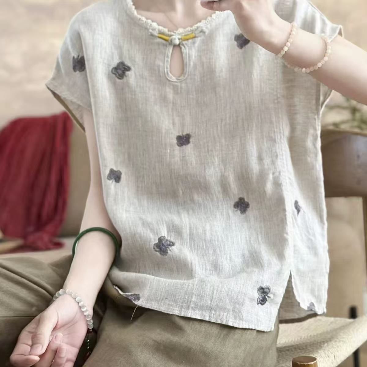 Haut boutonné rétro pour femme en lin et coton, broderie exquise, style chinois, confortable, grande taille, nouvelle collection estivale romantique