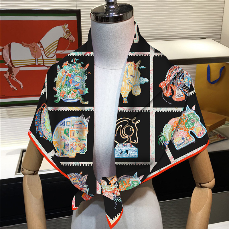 Injplanchers f-Foulard Carré Imprimé Tête de Cheval pour Femme, Châle de Plage, Bandana, Hijabs, 90cm