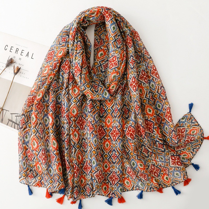 Mode bohème ethnique Floral Viscose châle enveloppement dame mince écharpes mode gland Pashmina haute qualité Foulard Hijab Sjaal 2025