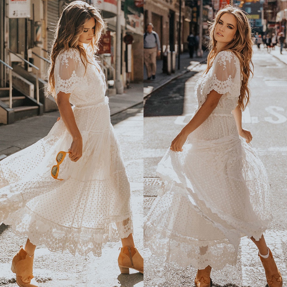 Robe femme blanc évider coton robe d'été dentelle sans manches longue épissage été fête élégante soirée femme jupe vêtements