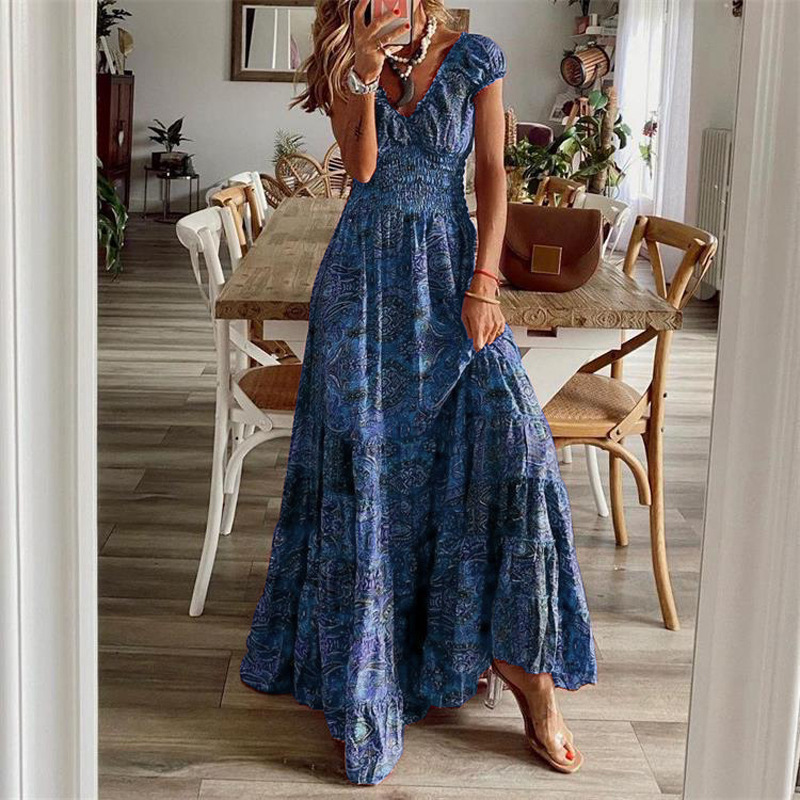 Nouvelle Robe Longue Style Bohème Européen et Américain 2026, Taille Cintrée, Imprimé Floral, Robe à Grand Ourlet