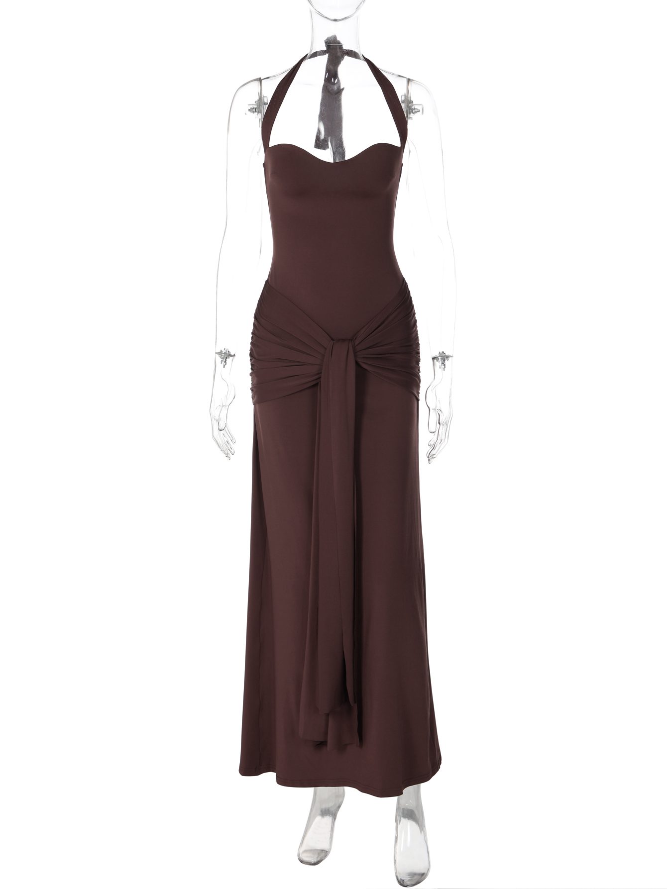 Robe longue de soirée élégante et moulante pour femme Dulzura, sexy, dos nu, froncée, à lacets, style licou, couleur unie, idéale pour les anniversaires et les bals de promo