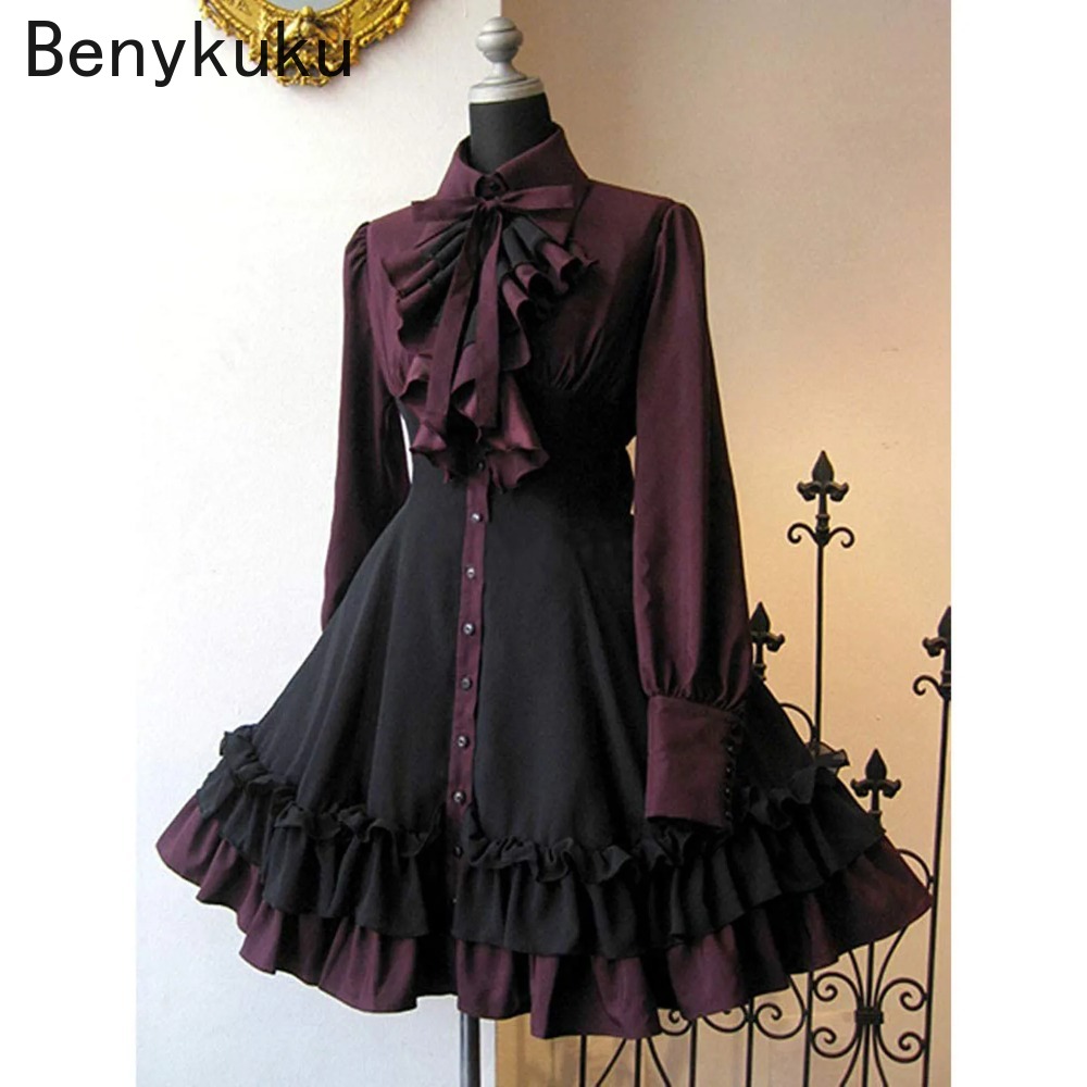 Robes de style cour médiévale à lacets, col à nœud vintage, volants gothiques rétro, robe Lolita Palace, princesse victorienne, vêtements gothiques
