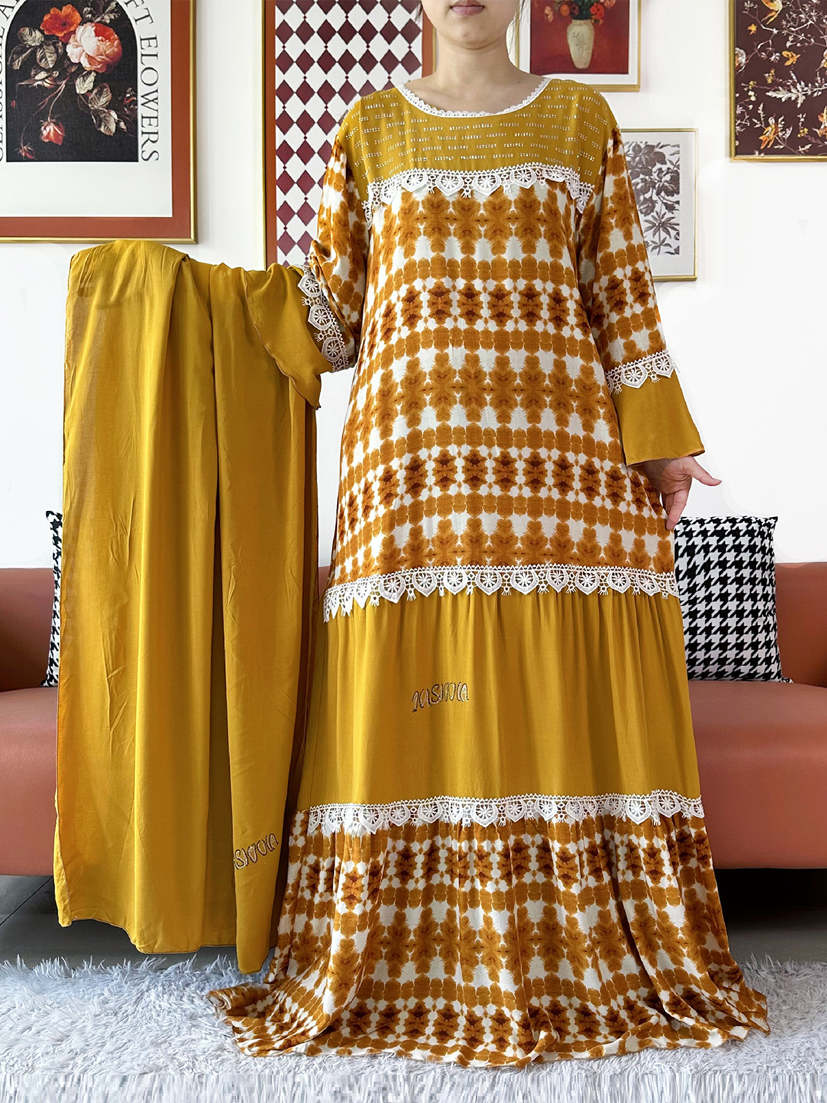 Abaya de fête pour femme de haute qualité, en coton à motif floral ondulé, style Boubou africain, Kaftan ample musulman, Robe longue avec grands châles