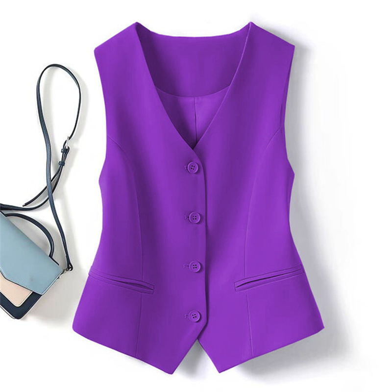 Gilet Femme 2026 Nouvelle Collection Printemps-Automne Coupe Ajustée Couleur Unie Col V Poches Gilet Court Vêtements Femme