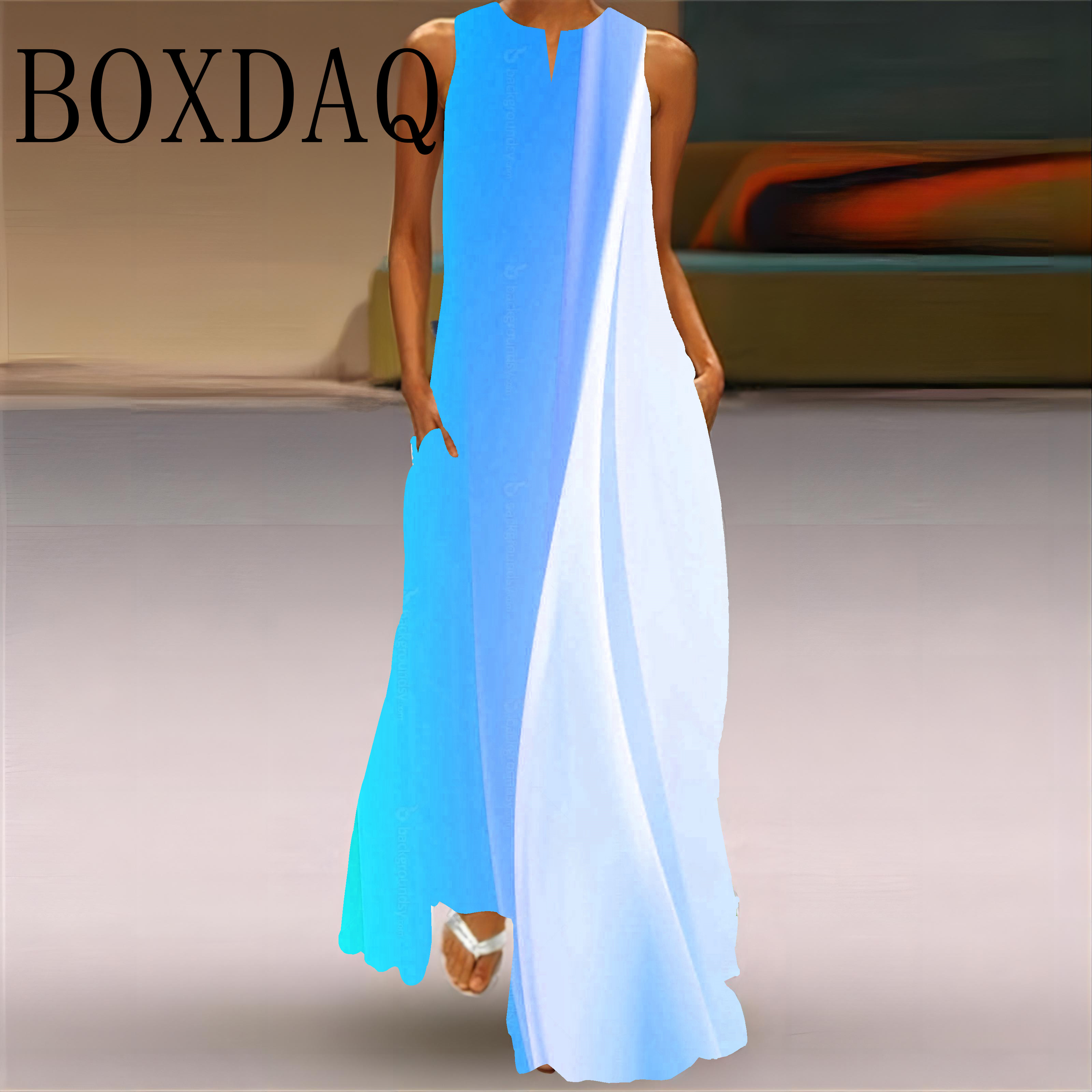 Robe Maxi à imprimé dégradé pour femmes, ample, sans manches, longue, élégante, mode dames, col en V, poches, nouvelle collection été 2025
