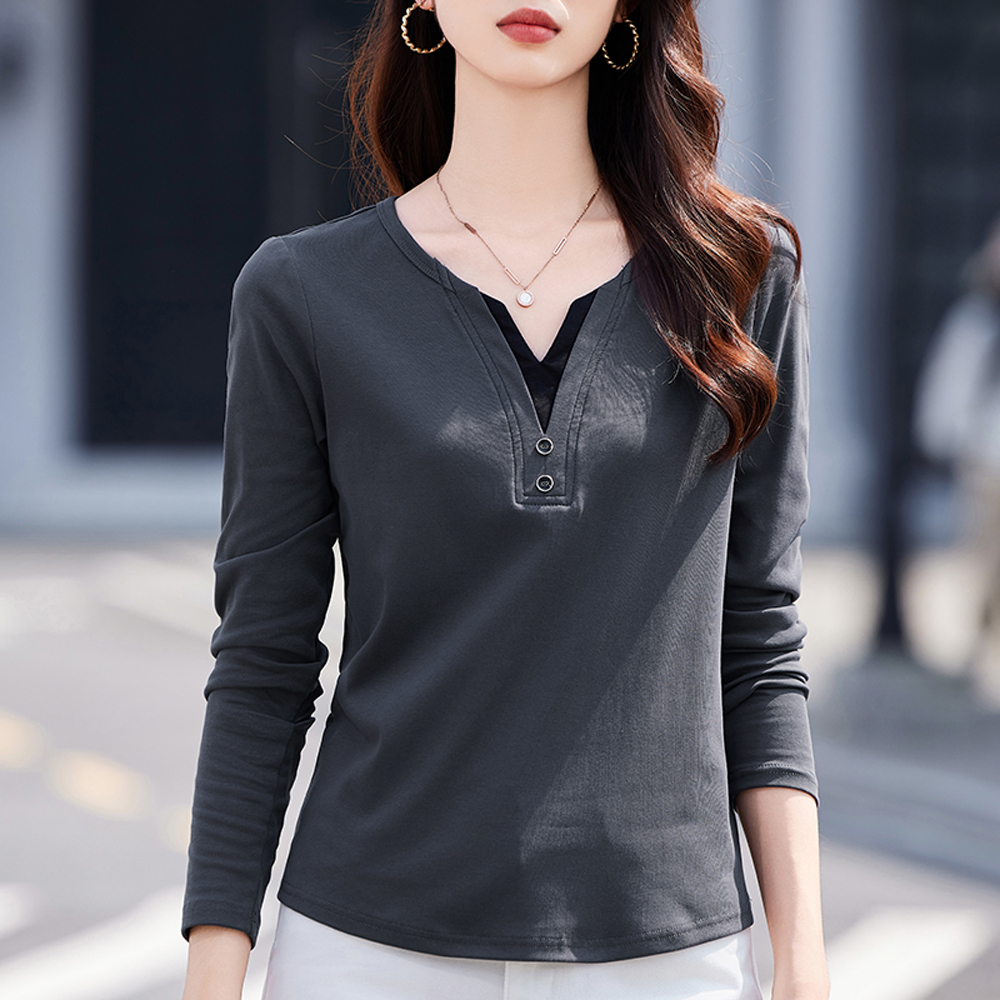 T-shirt rose à manches longues de style coréen pour femmes, nouvelle mode d'automne en coton, grande taille, boutons, coupe cintrée, faux haut deux pièces à col en v