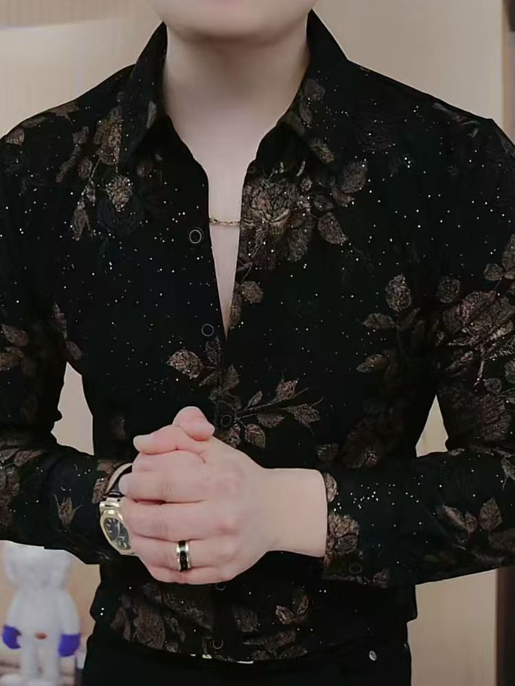 Chemise pour hommes à manches longues automne et hiver mode revers tendance beau imprimé décontracté corps mince