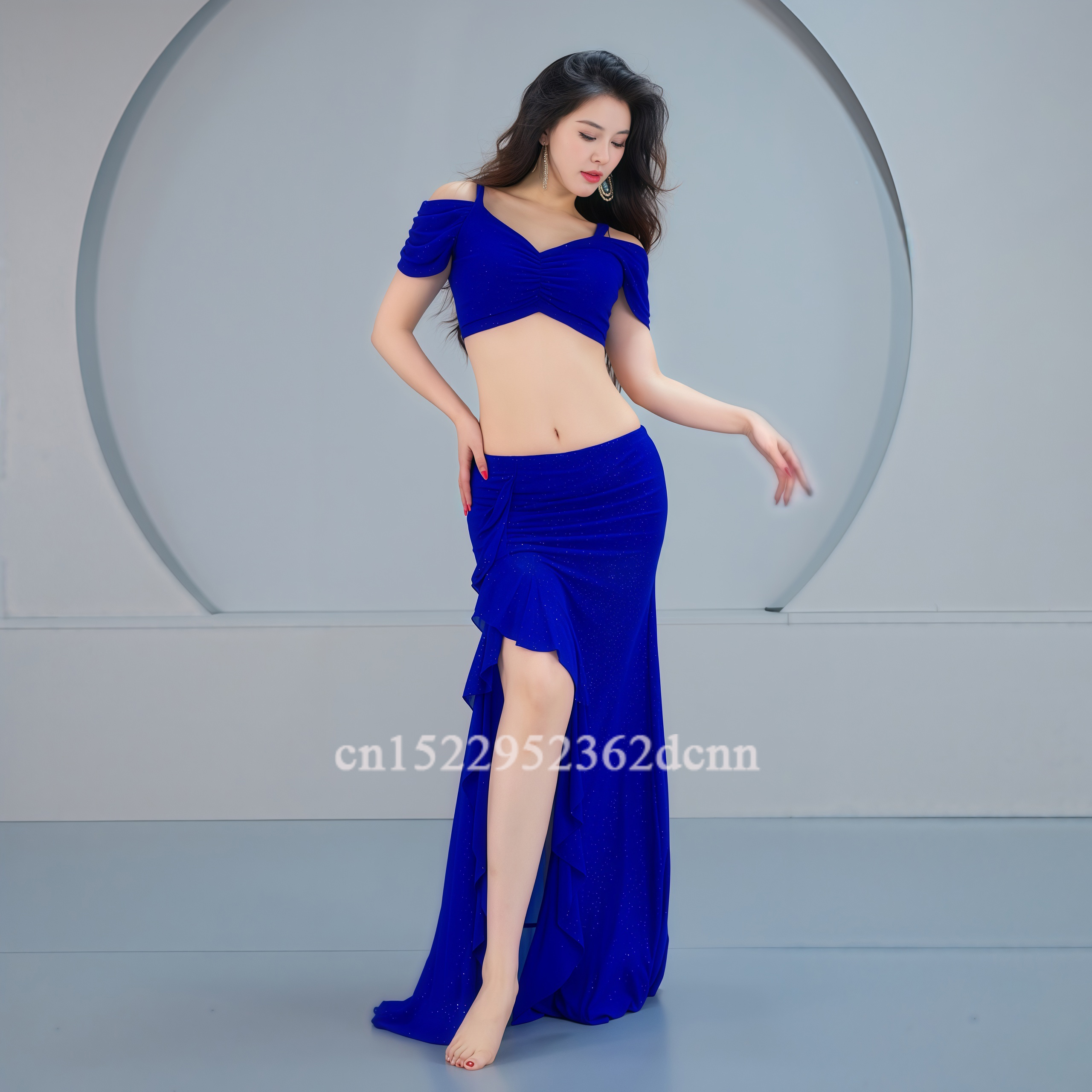 Vêtements d'entraînement élégants de danse du ventre bleu pour femmes, ensemble en maille pour adultes, vêtements d'entraînement de danse orientale
