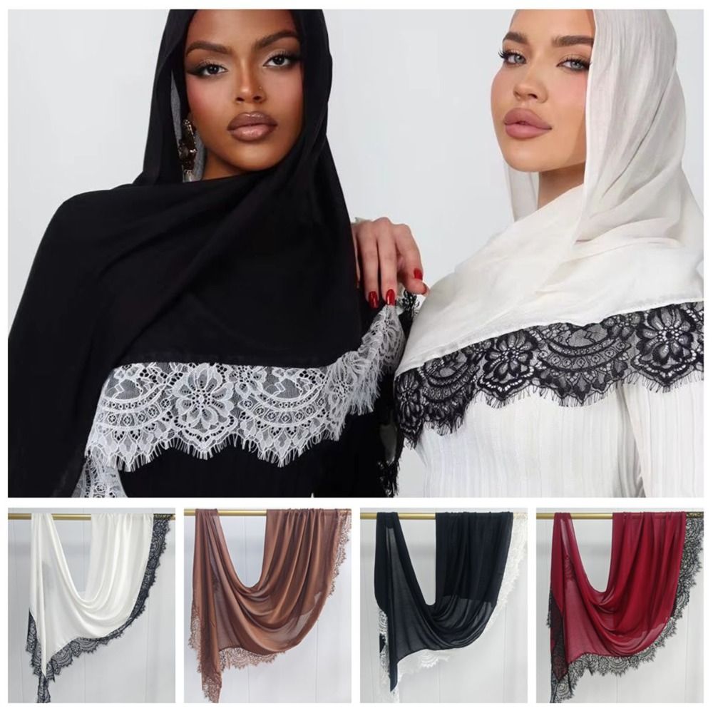 Nouveau turban instantané musulman avec bordure en dentelle, en coton respirant, couvre-tête intégral, couleur unie, hijab uni