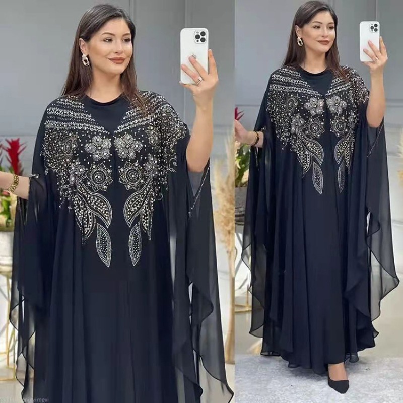 Robe musulmane pour femmes, ample, manches chauve-souris, perlée, longue, Abaya, Kaftan, Robe islamique, ensemble deux pièces