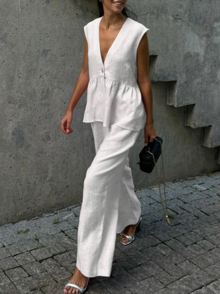 Ensemble deux pièces pour femmes, col en v, haut sans manches, gilet, pantalon à jambes larges, Simple, couleur unie, tempérament élégant, ensemble de transport, été