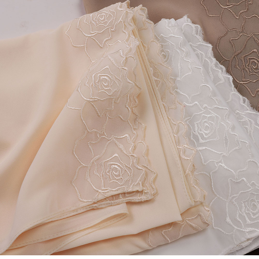 Hijab en mousseline brodé de roses pour femme musulmane, châle long, écharpe longue, turban islamique, foulard de mariage