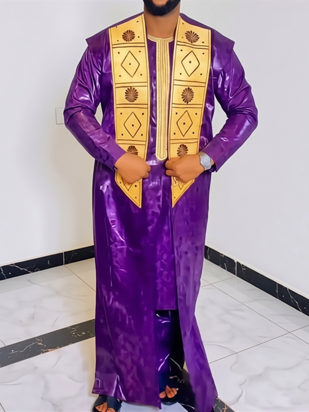 Vêtements africains pour hommes, Bazin Riche, design brodé, hauts à manches longues et pantalons, ensembles 3 pièces, tenue traditionnelle violette