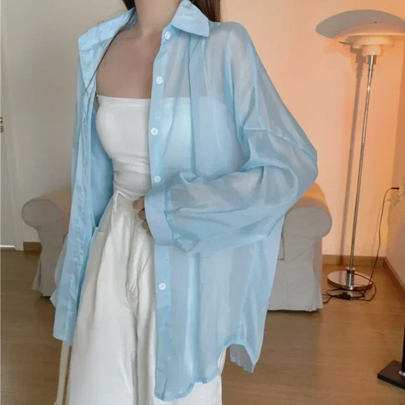 Chemise à manches longues en mousseline de soie pour femmes, haut décontracté, cardigan d'été, mince, sexy, solide, document