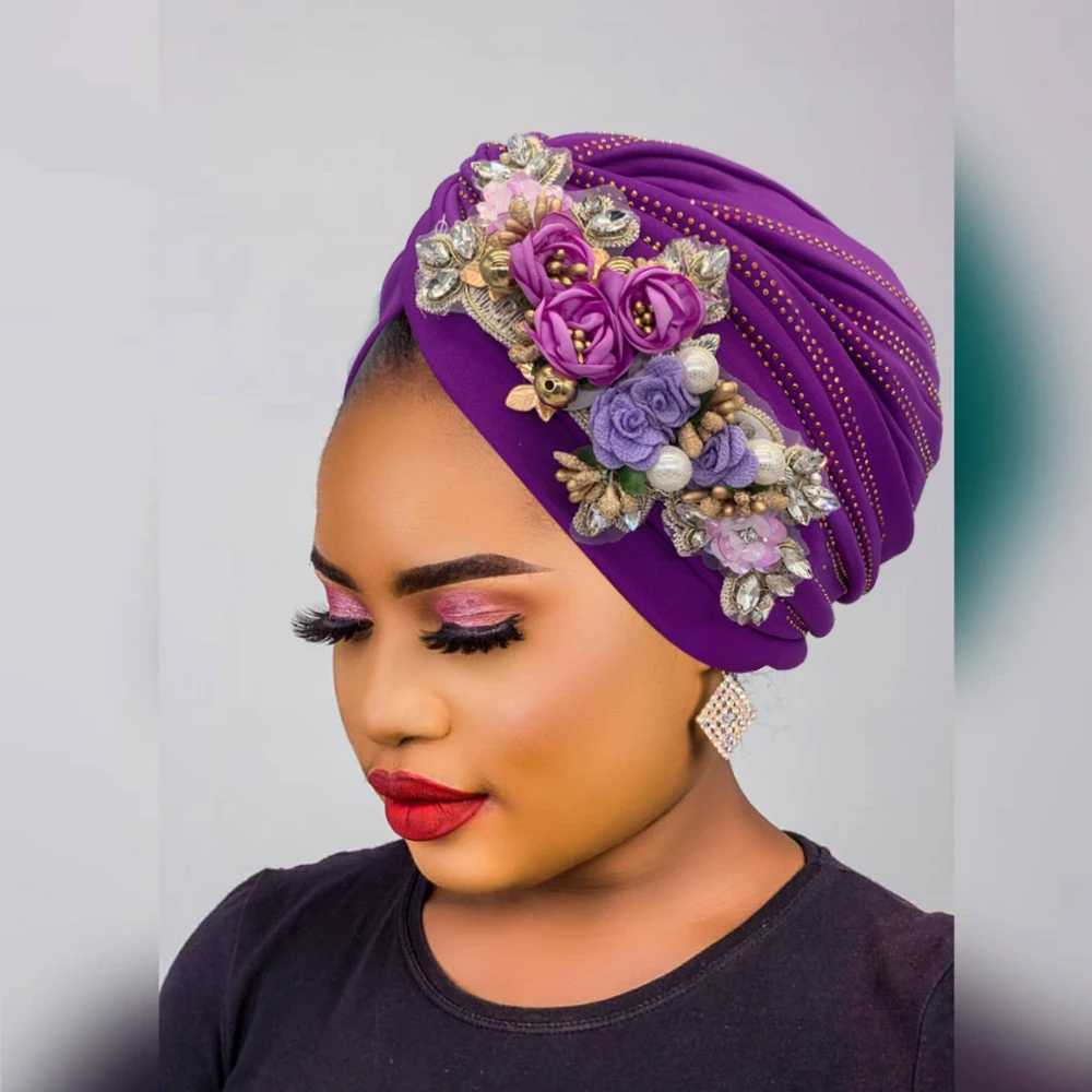 Turban Africain à Fleurs et Diamants pour Femme, Chapeau Sarf Torsadé pour ixde Mariage, Style Nigérian
