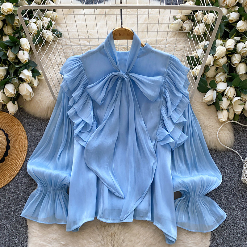 Chemisier Femme Printemps Automne Tendance Rétro Français Décontracté Haut de Gamme à Pois avec Manches Bouffantes et Nœud S263