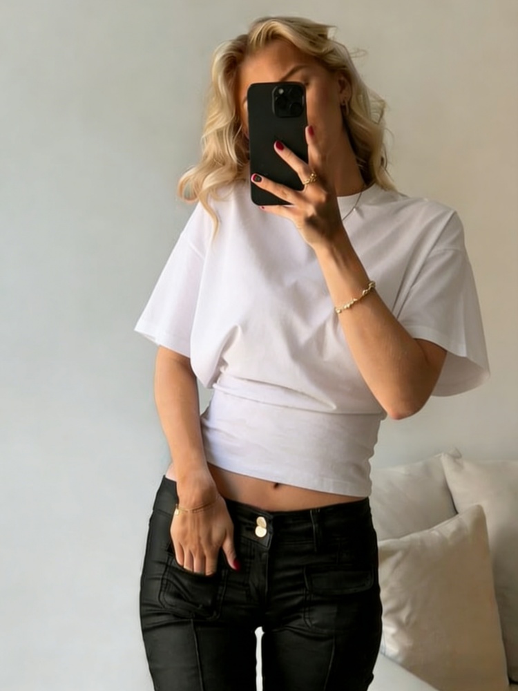 T-shirt court plissé à manches évasées pour femme, col rond, manches courtes, style streetwear Y2K, idéal pour l'été