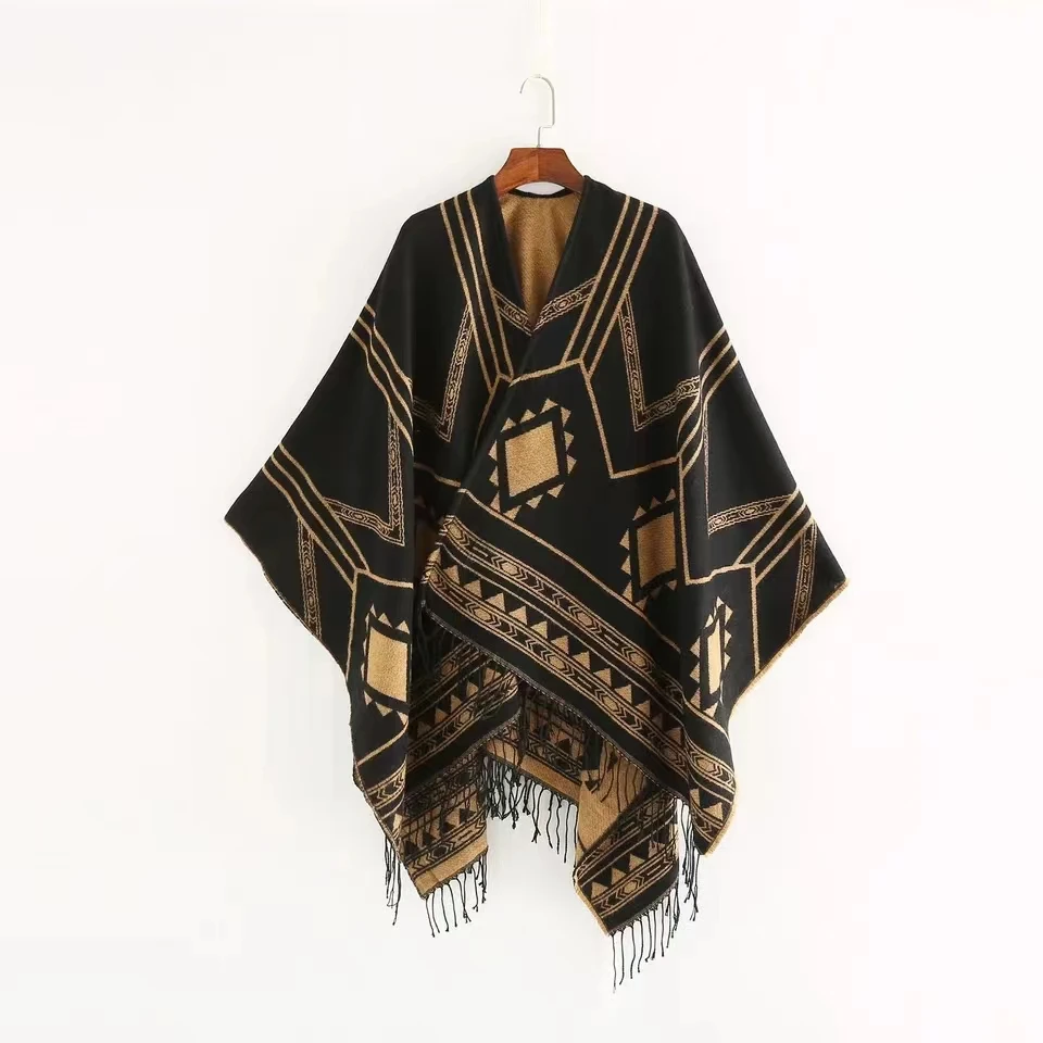 Nouvelle cape poncho pour femme, style indien népalais, à franges géométriques, chaude, idéale pour les salles climatisées, noir kaki