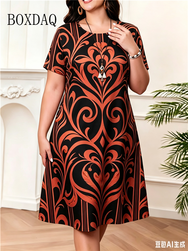 Robes d'été 2026 pour femmes, robe décontractée à motif abstrait imprimé, manches courtes, col rond, coupe ample, grandes tailles jusqu'à 6XL