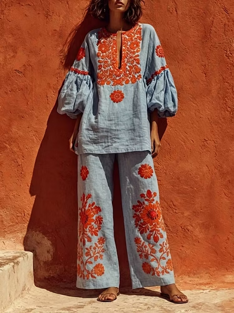 Ensemble 2 pièces bohème en lin pour femmes, imprimé floral, chemisier à manches lanternes et col rond, pantalon large, ensemble assorti vintage pour vacances et plage