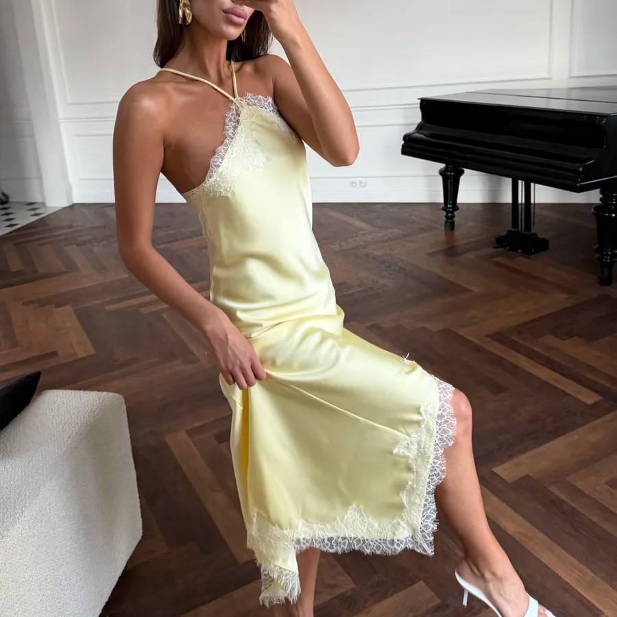 Robe nuisette en satin et dentelle pour femme, sexy, à col licou, asymétrique, longueur midi, élégante à la française, dos nu, en soie, pour soirées et événements.
