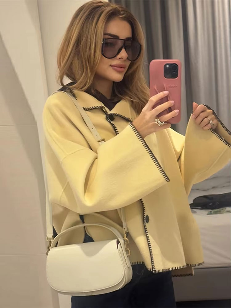 HH automne femmes mode contraste manteaux ample décontracté surdimensionné vestes col roulé à manches longues veste haute rue dame vêtements d'extérieur
