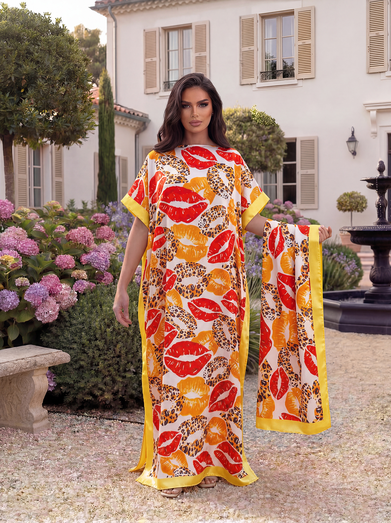 Abaya à imprimé floral de Dubaï avec foulard, kaftan maxi ample à col bateau et manches chauve-souris pour femmes musulmanes africaines