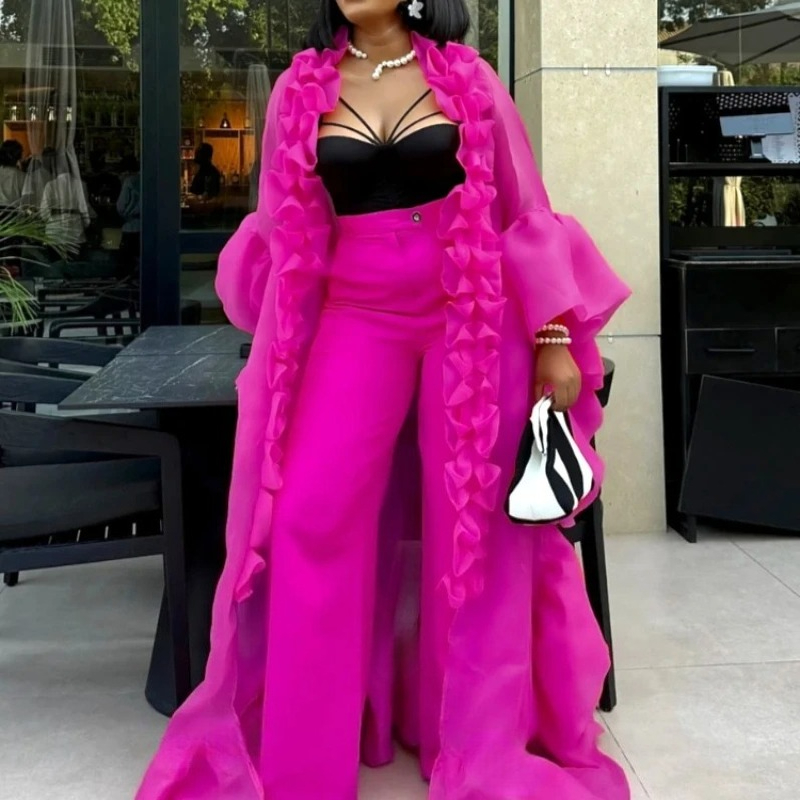 Ensemble deux pièces élégant à volants longs et manches chauve-souris, Kaftan ample, Cape assortie, taille haute, jambes larges, vêtements africains