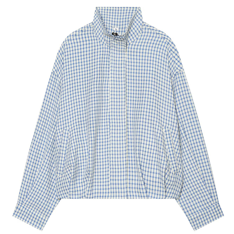 Veste Courte Femme à Col Montant Zippée, Motif Vichy Noir et Blanc, Nouvelle Collection 2026, Décontractée, Manches Longues, Coupe Ample