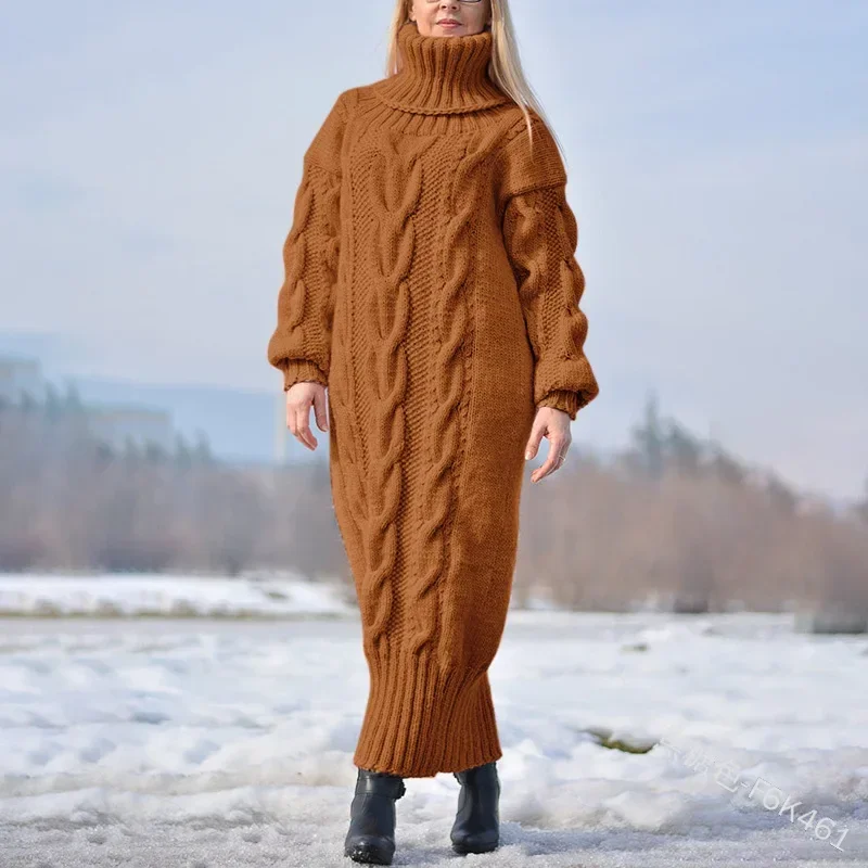 Pull femme hiver col haut couleur unie col roulé pull torsadé pull tricoté ample robe longue pull pour femme nouveau