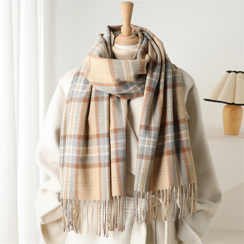 Écharpe d'hiver de luxe à carreaux pour femme, châle pashmina chaud et épais, écharpe-couverture à franges, foulard décontracté pour femme