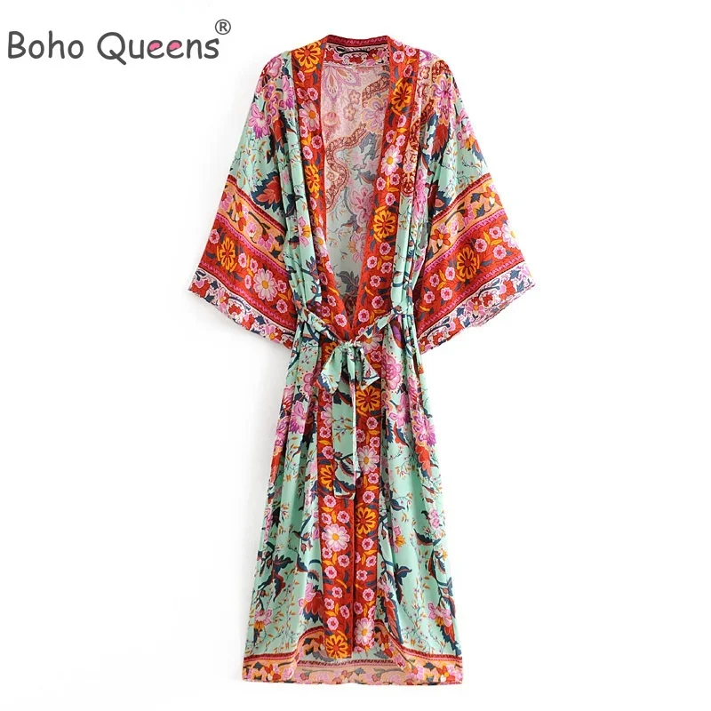 Boho Queens femmes paon imprimé manches chauve-souris plage bohème Kimono Robe dames col en V gland été Happie Bikini couvertures