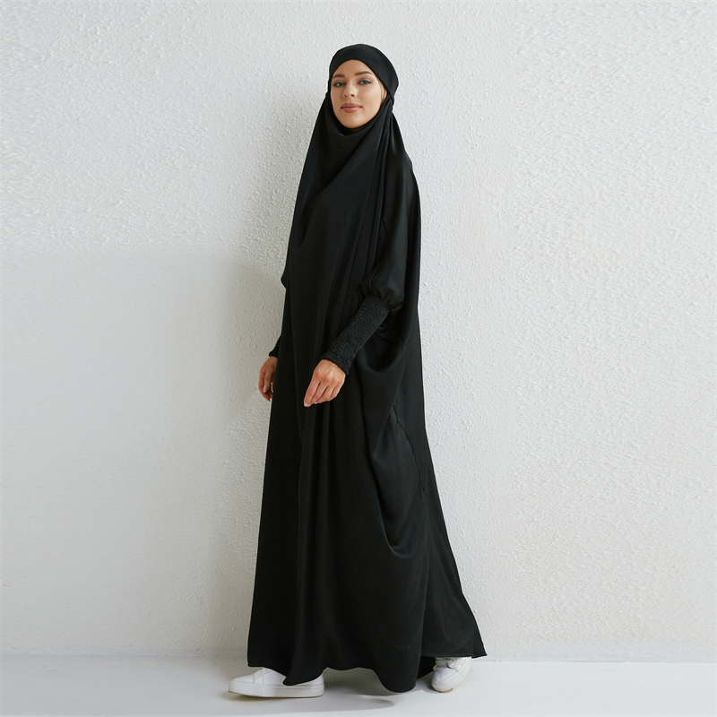 Abaya musulman à capuche manches smockées une pièce Robe de prière femmes Jilbab vêtements islamiques dubaï saoudien Robe noire modestie turque