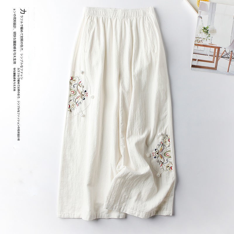 Femmes Pantalon droit décontracté coton mélangé Femme Pantalon 2025 fleur broderie ample jambe large Pantalon pour femmes Pantalon Femme