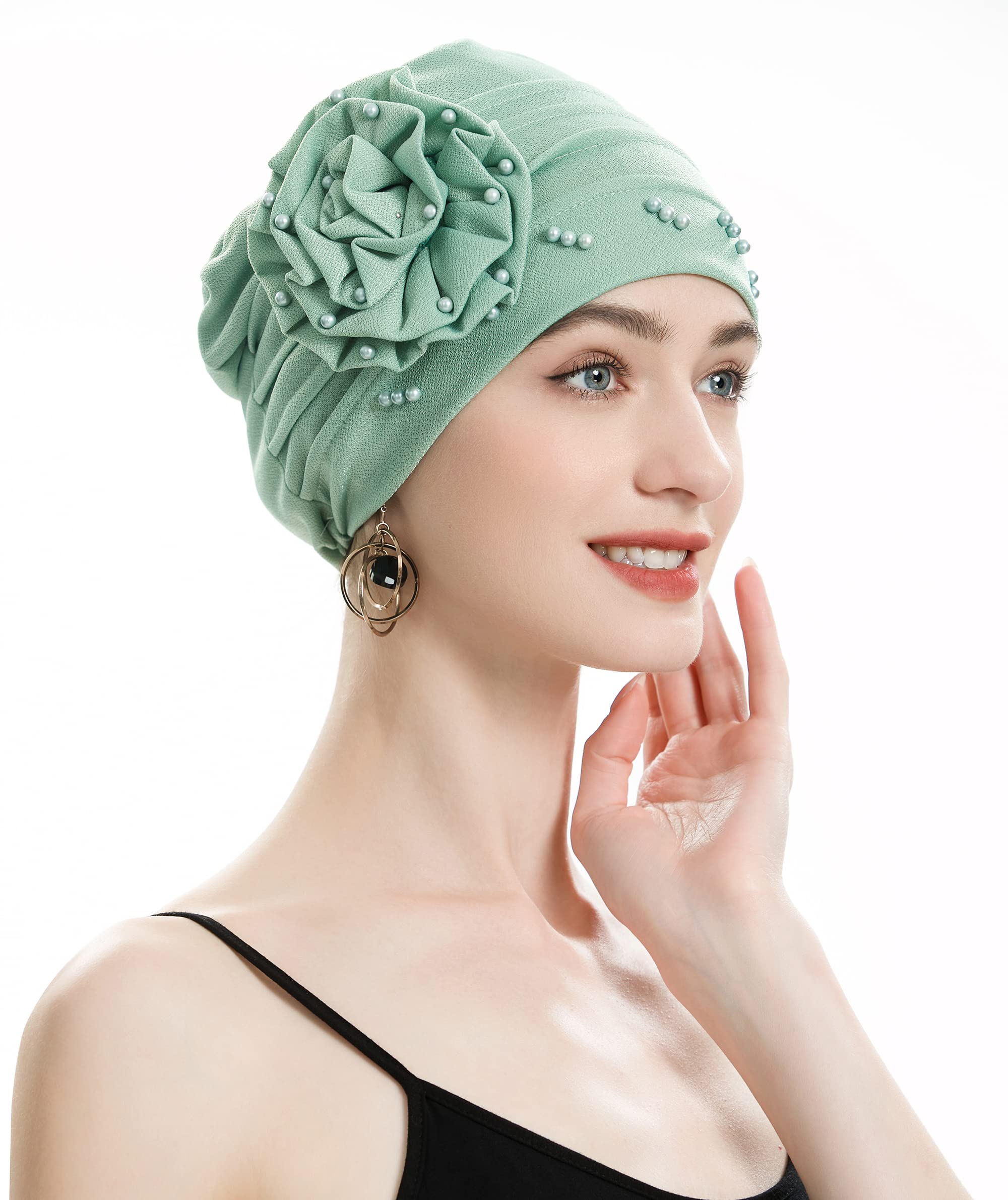 2024 nouvelles perles mode musulmane femmes Hijabs Turban bonnet chapeau avec fleur chimio chapeaux élastique tête enveloppement casquette