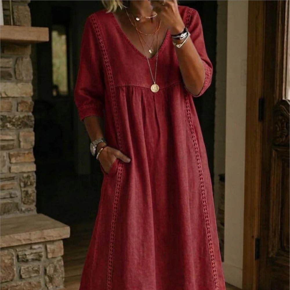 Robe longue décontractée et élégante, style bohème, col en V, à poches, couleur unie, coupe ample, pour le quotidien, printemps-été, style rétro, pull-over en dentelle