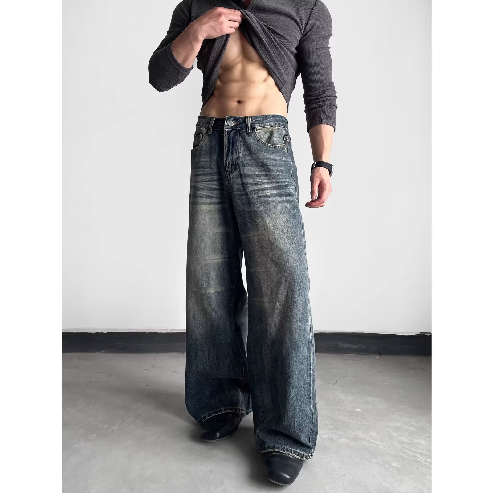Jean droit pour homme, style décontracté urbain, coupe large, automne-hiver, pantalon long, style rétro, taille mi-haute, détail poche zippée