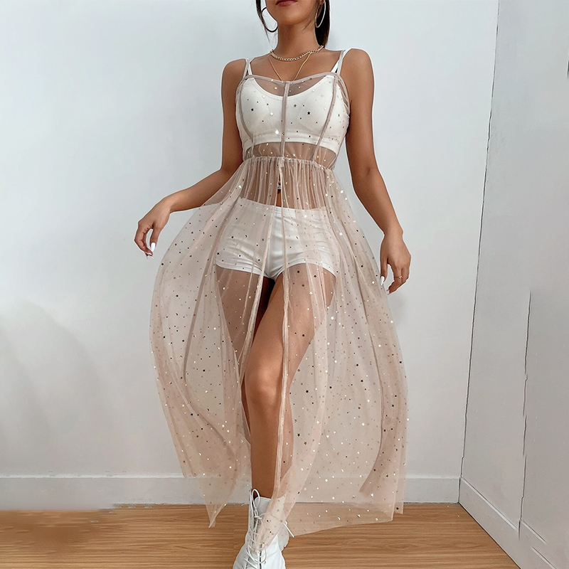 Robe de plage mi-longue fendue à paillettes pour femme, col carré en fibre, blouse de plage, douce pour la peau, confortable, vacances, nouveau, été
