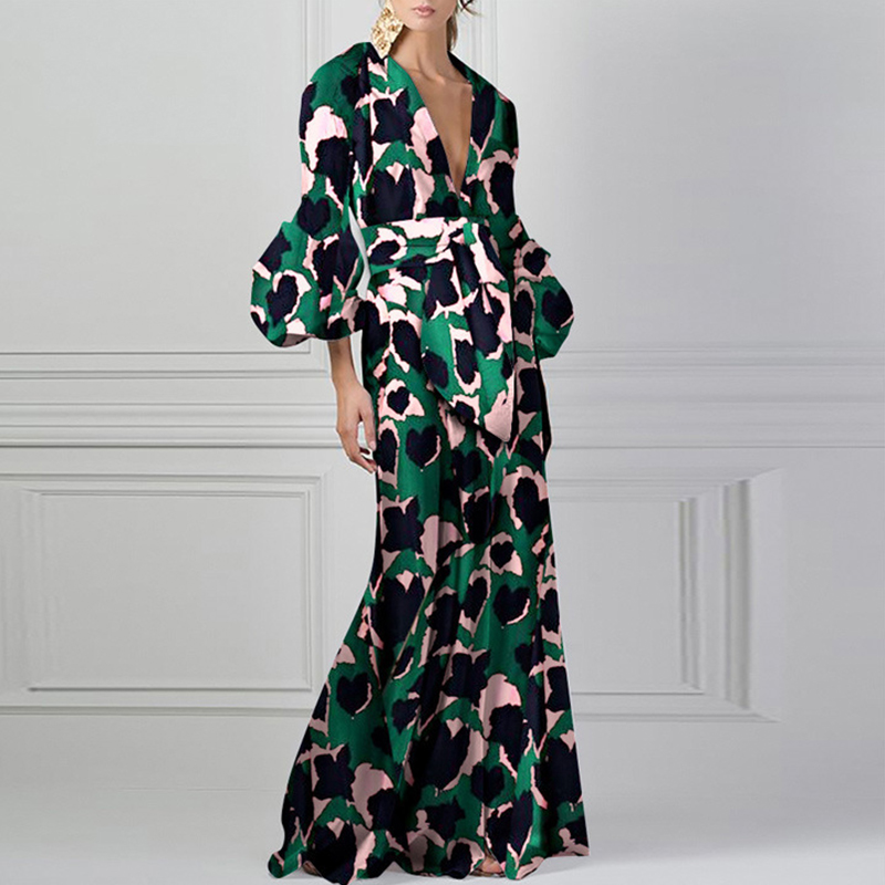 Robe longue de soirée élégante pour femmes, Sexy, décolleté en V profond, imprimé floral, Vintage, manches lanternes, plissée, style bohème, 2023