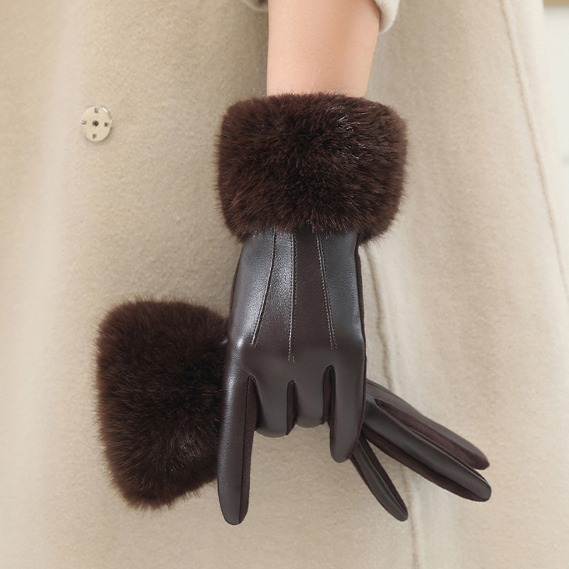 Gants en cuir PU pour femmes, avec garniture en fausse fourrure, manchette pour temps froid, doublure thermique épaisse, gants chauds coupe-vent, mode hiver