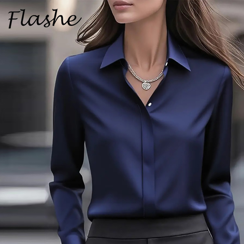 Nouveau bureau dame chemise femmes col rabattu à manches longues bouton Blouse femmes mode solide chemise formelle bleu blanc noir gris