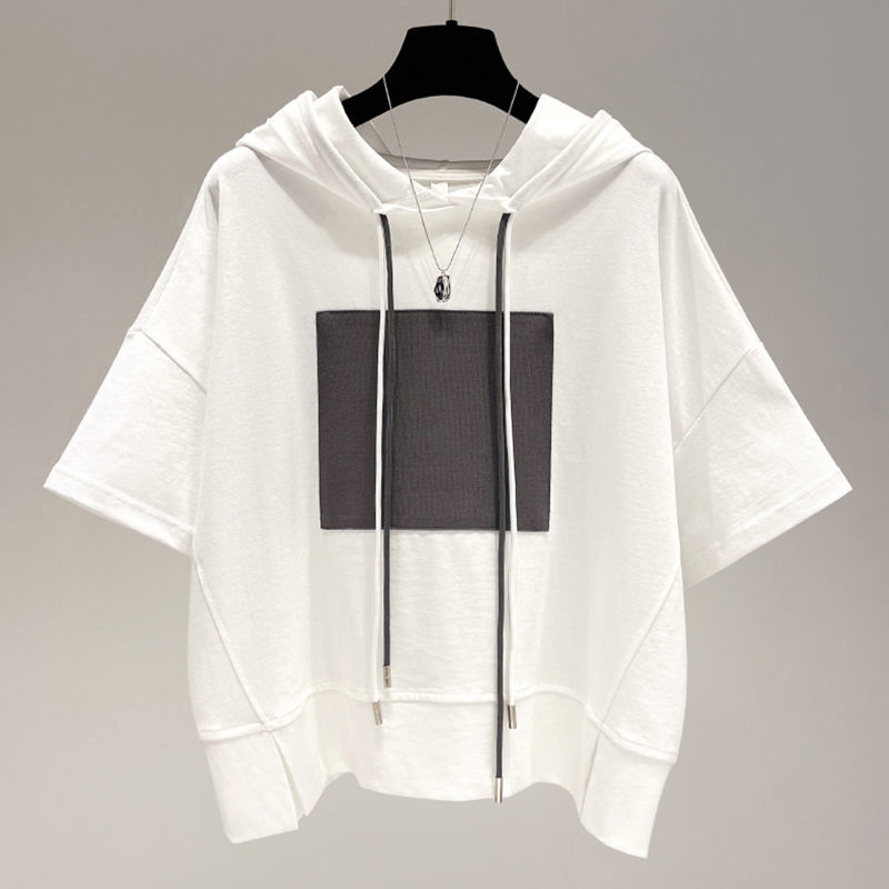 Économie à manches courtes à capuche pour femmes, streetwear décontracté, abonnés, patchwork, laçage solide, mode vintage, vêtements d'été, nouveau