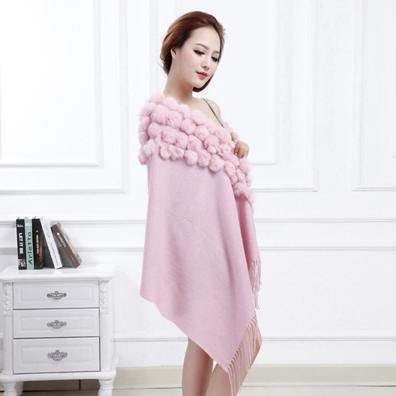 Mode châle hiver 100% laine écharpe femmes fourrure châles lapin fourrure pompon châle écharpe laine écharpe chaude laine Scart marque