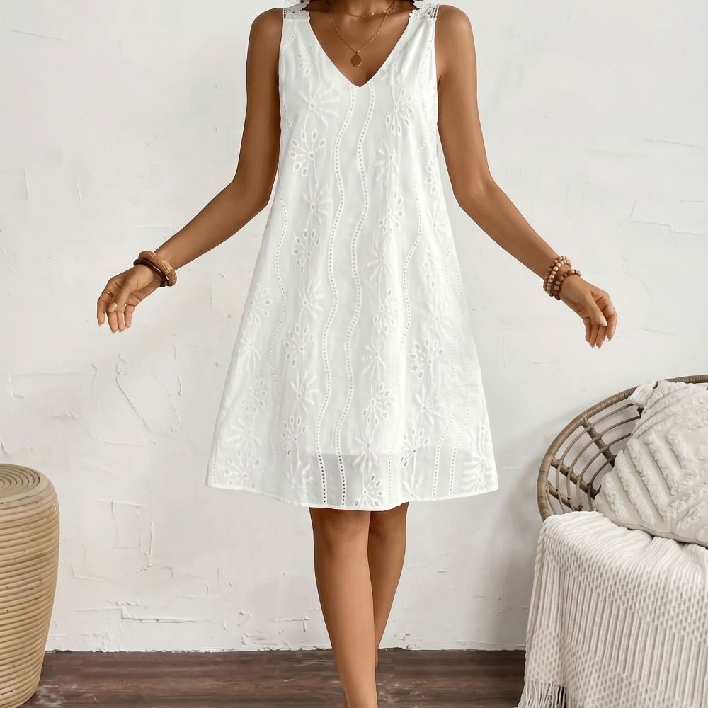 Robe en dentelle brodée à col en V, dos élégant, coupe trapèze, blanche unie, sans manches, ample, décontractée, pour l'été et le printemps