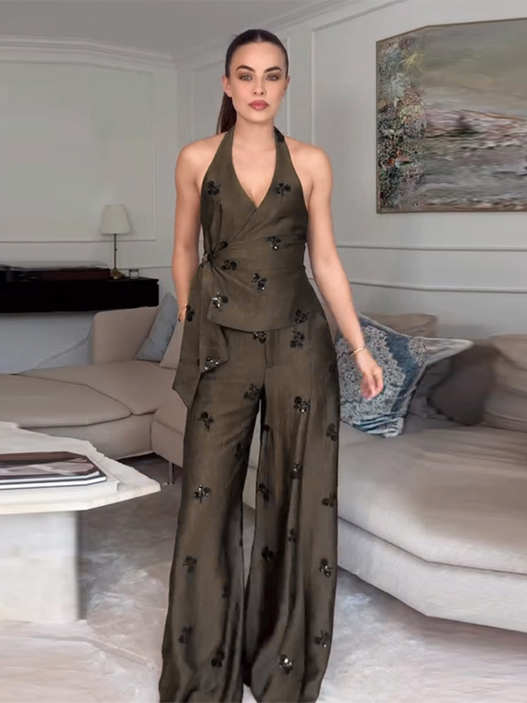 Ensemble pantalon brodé de sequins pour femme, haut sans manches à col licou et lacets, pantalon large, décontracté et élégant, collection été 2026